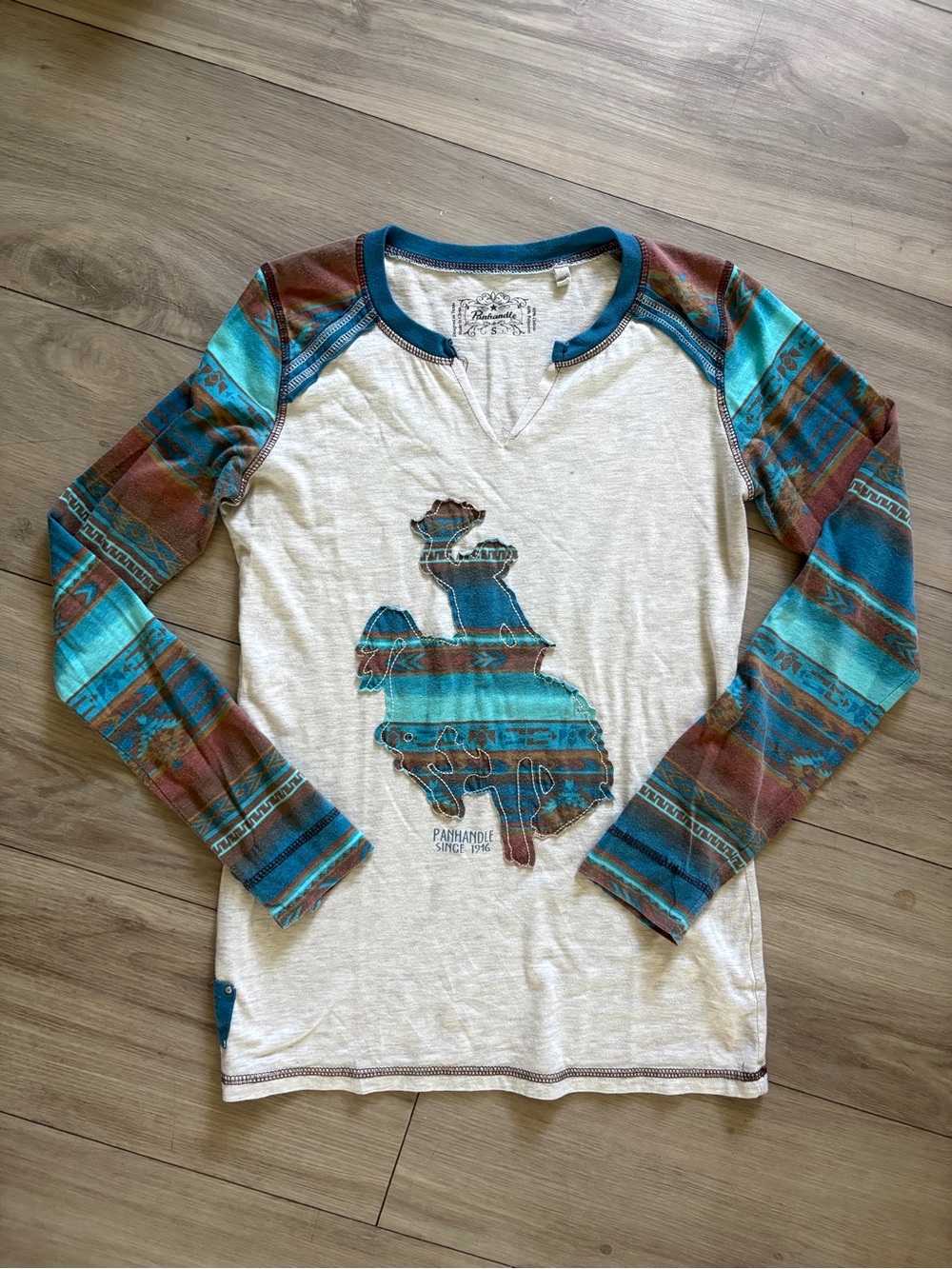 Panhandle Rodeo Long Sleeve Tee with Teal & Brown Patterned Sleeves